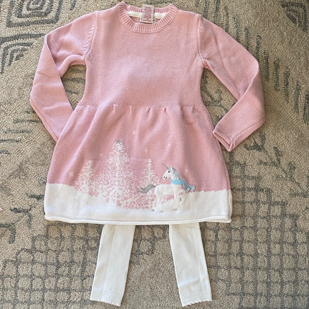 Pink Unicorn sweater Dress with White Leggings size 5/6